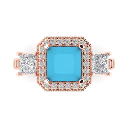 3.005 cttw Simulated Turquoise Three-Stone Engagement Ring - Solid Rose Gold (VVS1, Princess Cut,7.0mm)
