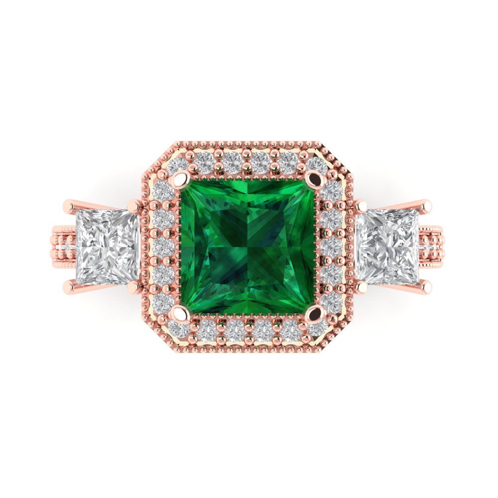3.005 cttw Simulated Emerald Three-Stone Engagement Ring - Solid Rose Gold (VVS1, Princess Cut,7.0mm)