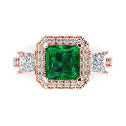 3.005 cttw Simulated Emerald Three-Stone Engagement Ring - Solid Rose Gold (VVS1, Princess Cut,7.0mm)