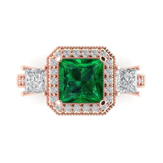 3.005 cttw Simulated Emerald Three-Stone Engagement Ring - Solid Rose Gold (VVS1, Princess Cut,7.0mm)