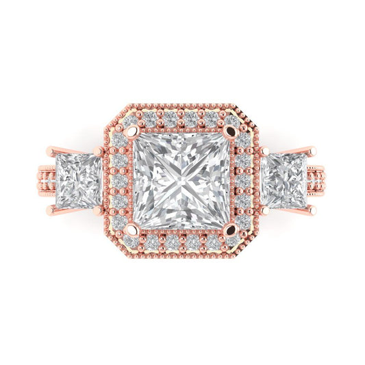 3.005 cttw Zirconia Simulated Diamond Three-Stone Engagement Ring - Solid Rose Gold (VVS1, Princess Cut,7.0mm)