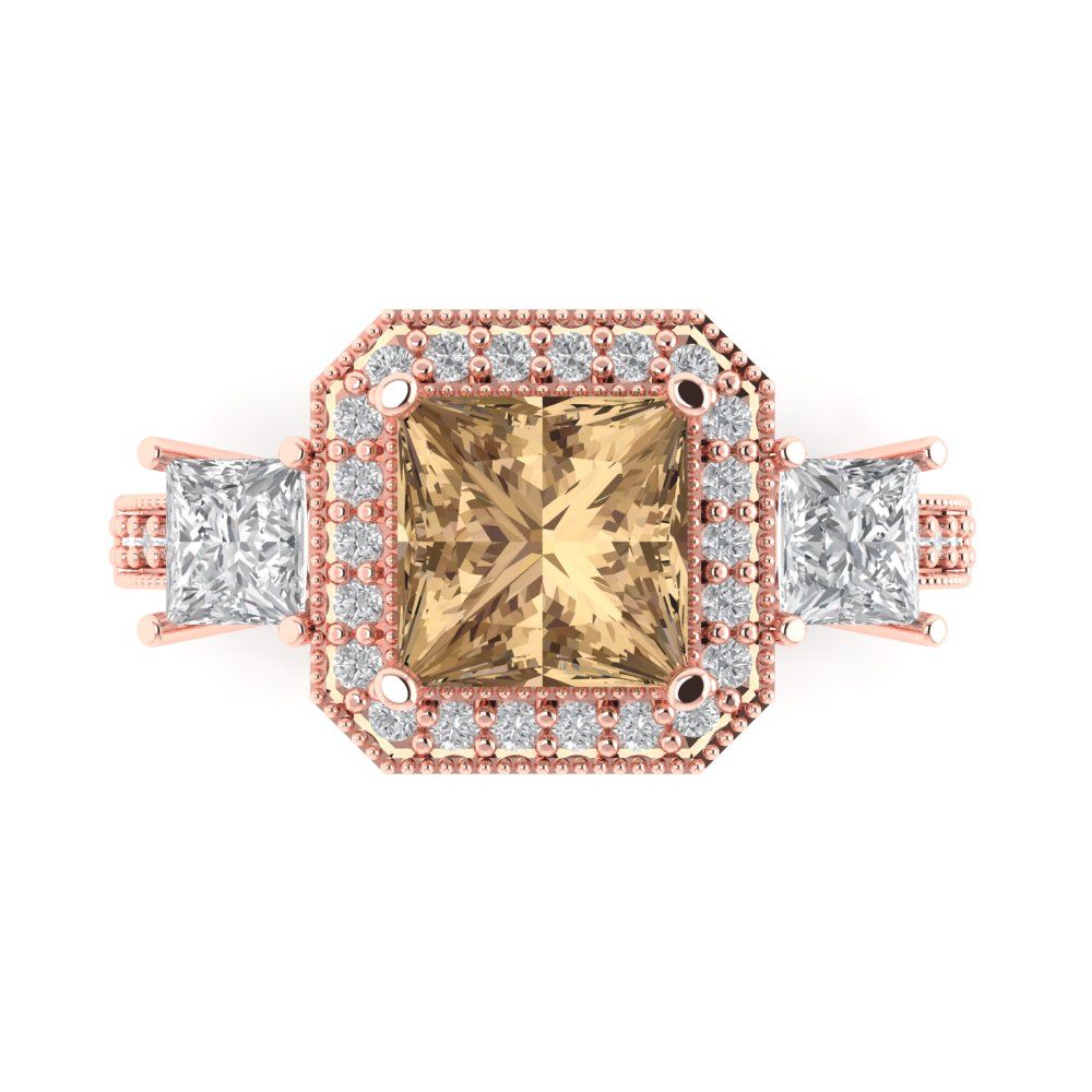 3.005 cttw Zirconia Simulated Champagne Diamond Three-Stone Engagement Ring - Solid Rose Gold (VVS1, Princess Cut,7.0mm)