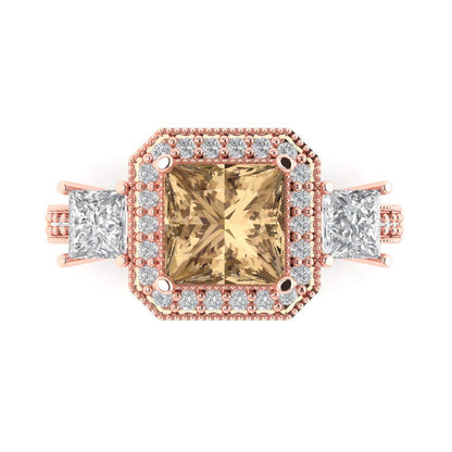 3.005 cttw Zirconia Simulated Champagne Diamond Three-Stone Engagement Ring - Solid Rose Gold (VVS1, Princess Cut,7.0mm)