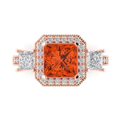 3.005 cttw Zirconia Simulated Red Diamond Three-Stone Engagement Ring - Solid Rose Gold (VVS1, Princess Cut,7.0mm)