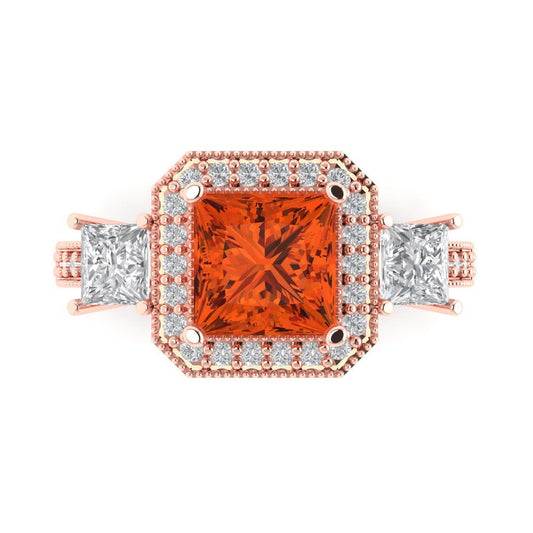 3.005 cttw Zirconia Simulated Red Diamond Three-Stone Engagement Ring - Solid Rose Gold (VVS1, Princess Cut,7.0mm)