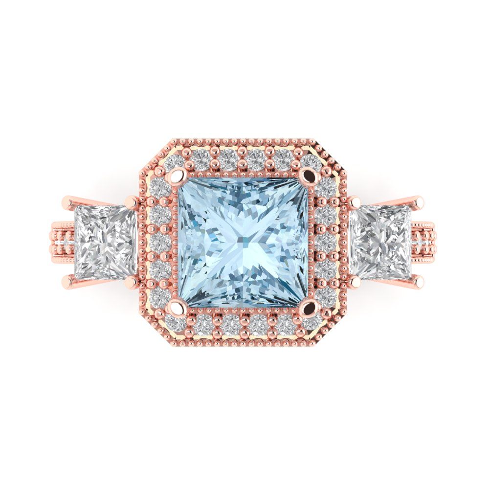 3.005 cttw Natural Aquamarine Three-Stone Engagement Ring - Solid Rose Gold (VVS1, Princess Cut,7.0mm)