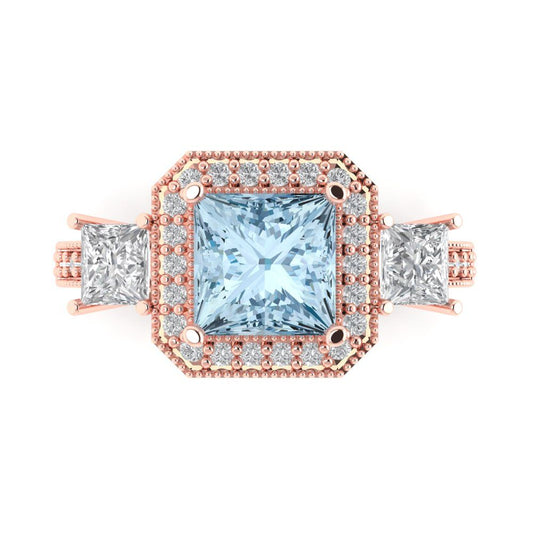 3.005 cttw Natural Aquamarine Three-Stone Engagement Ring - Solid Rose Gold (VVS1, Princess Cut,7.0mm)
