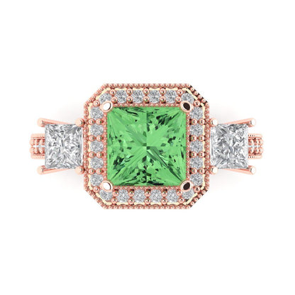 3.005 cttw Zirconia Simulated Green Diamond Three-Stone Engagement Ring - Solid Gold (VVS1, Princess Cut,7.0mm)