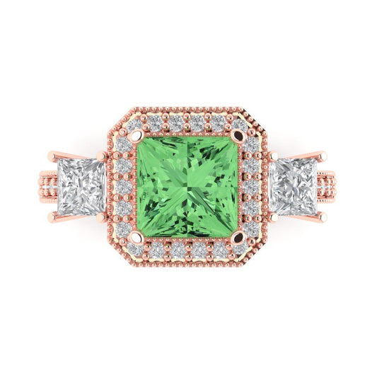 3.005 cttw Zirconia Simulated Green Diamond Three-Stone Engagement Ring - Solid Rose Gold (VVS1, Princess Cut,7.0mm)