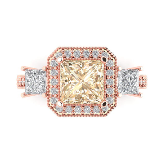 3.005 cttw Natural Morganite Three-Stone Engagement Ring - Solid Rose Gold (VVS1, Princess Cut,7.0mm)
