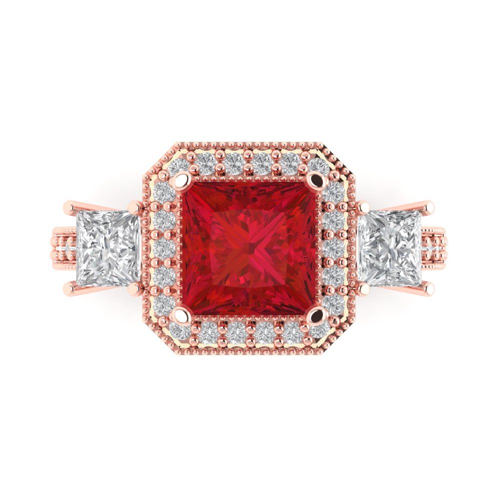 3.005 cttw Simulated Ruby Three-Stone Engagement Ring - Solid Rose Gold (VVS1, Princess Cut,7.0mm)
