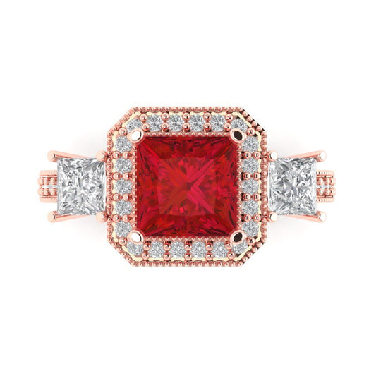 3.005 cttw Simulated Ruby Three-Stone Engagement Ring - Solid Rose Gold (VVS1, Princess Cut,7.0mm)