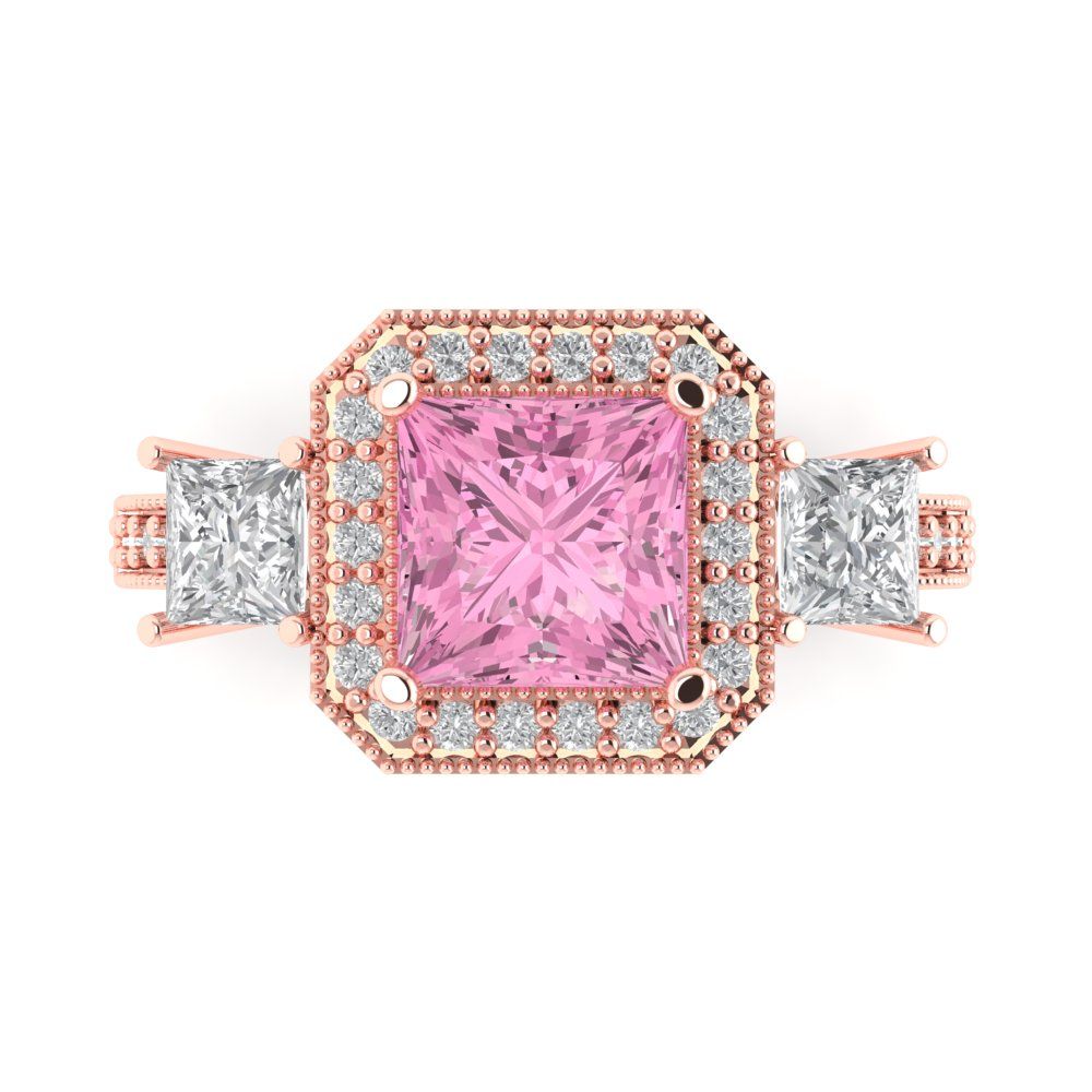 3.005 cttw Zirconia Simulated Pink Diamond Three-Stone Engagement Ring - Solid Rose Gold (VVS1, Princess Cut,7.0mm)