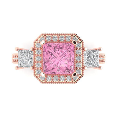 3.005 cttw Zirconia Simulated Pink Diamond Three-Stone Engagement Ring - Solid Rose Gold (VVS1, Princess Cut,7.0mm)
