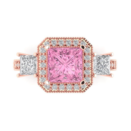 3.005 cttw Zirconia Simulated Pink Diamond Three-Stone Engagement Ring - Solid Rose Gold (VVS1, Princess Cut,7.0mm)