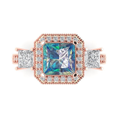 3.005 cttw Blue Moissanite Three-Stone Engagement Ring - Solid Rose Gold (VVS1, Princess Cut,7.0mm)