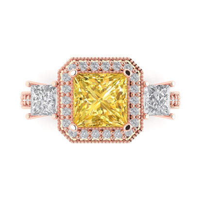 3.005 cttw Zirconia Simulated Yellow Diamond Three-Stone Engagement Ring - Solid Rose Gold (VVS1, Princess Cut,7.0mm)