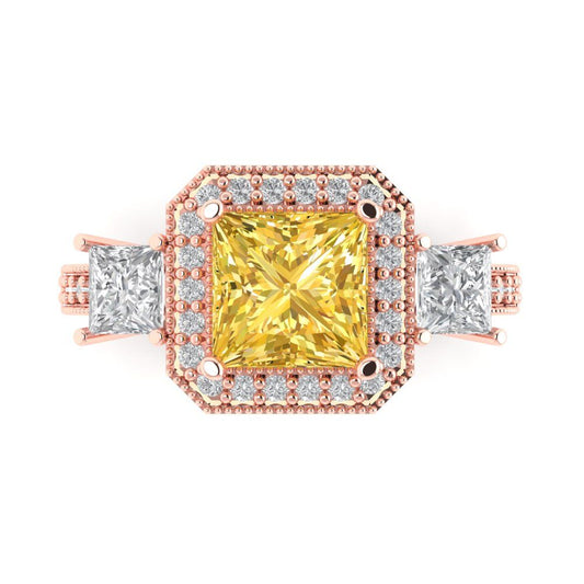 3.005 cttw Zirconia Simulated Yellow Diamond Three-Stone Engagement Ring - Solid Rose Gold (VVS1, Princess Cut,7.0mm)