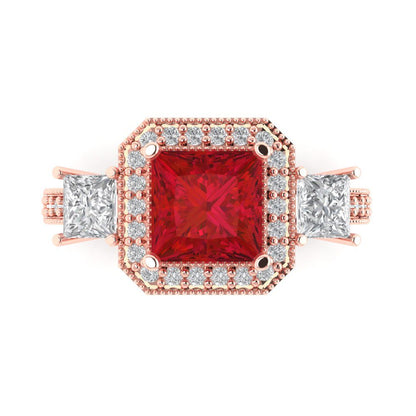 3.005 cttw Simulated Pink Tourmaline Three-Stone Engagement Ring - Solid Rose Gold (VVS1, Princess Cut,7.0mm)