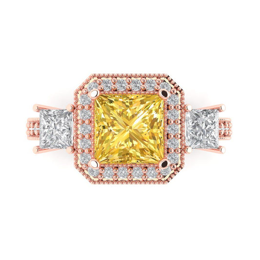 3.005 cttw Natural Citrine Three-Stone Engagement Ring - Solid Rose Gold (VVS1, Princess Cut,7.0mm)