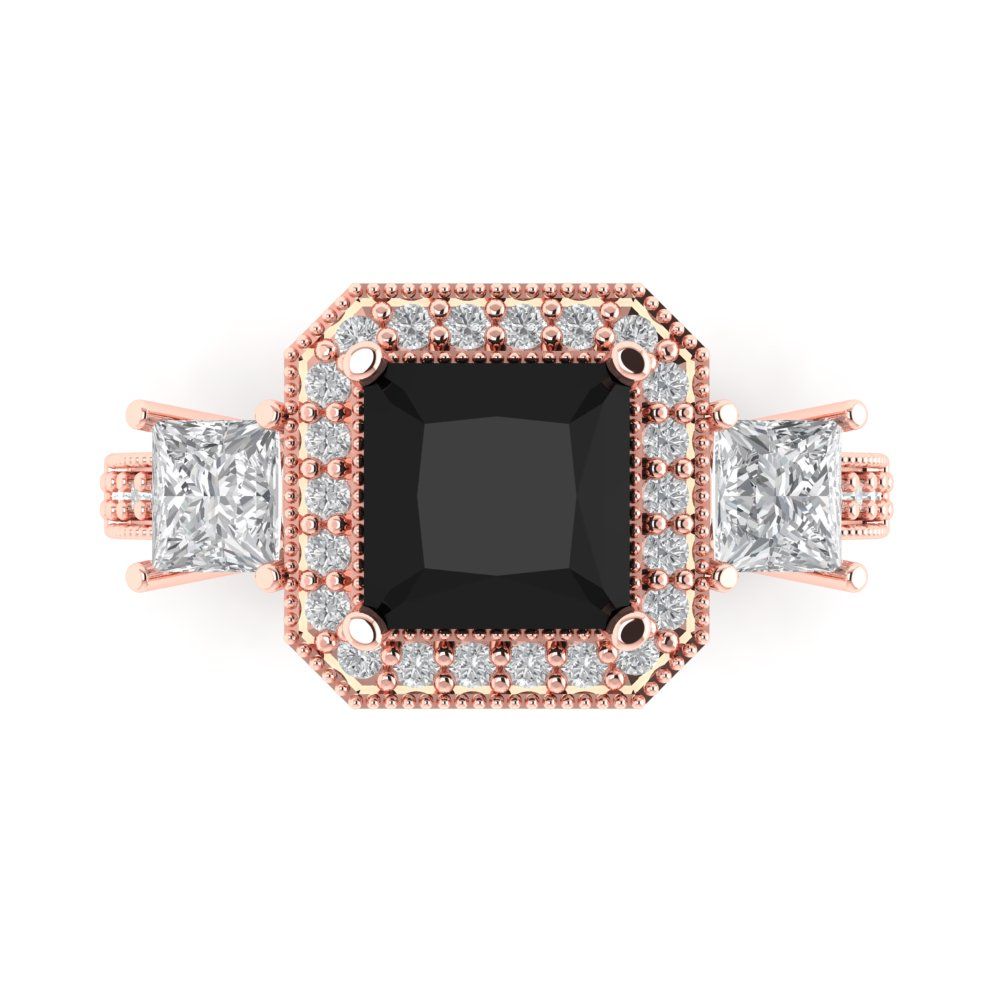 3.005 cttw Natural Onyx Three-Stone Engagement Ring - Solid Rose Gold (VVS1, Princess Cut,7.0mm)