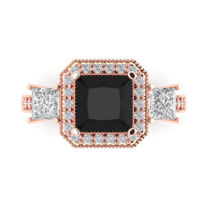 3.005 cttw Natural Onyx Three-Stone Engagement Ring - Solid Rose Gold (VVS1, Princess Cut,7.0mm)