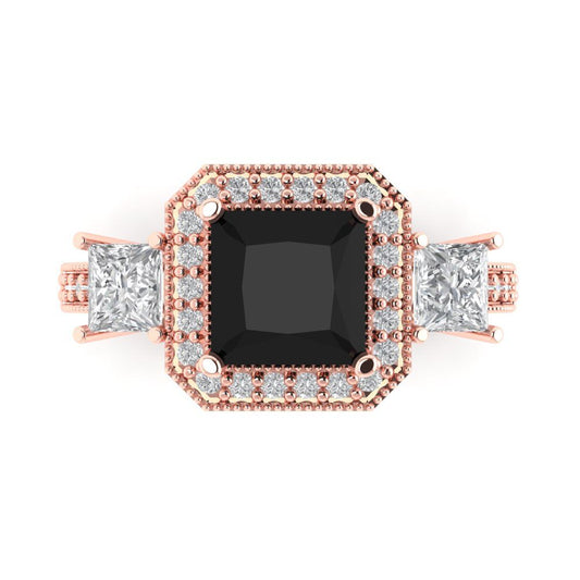 3.005 cttw Natural Onyx Three-Stone Engagement Ring - Solid Rose Gold (VVS1, Princess Cut,7.0mm)