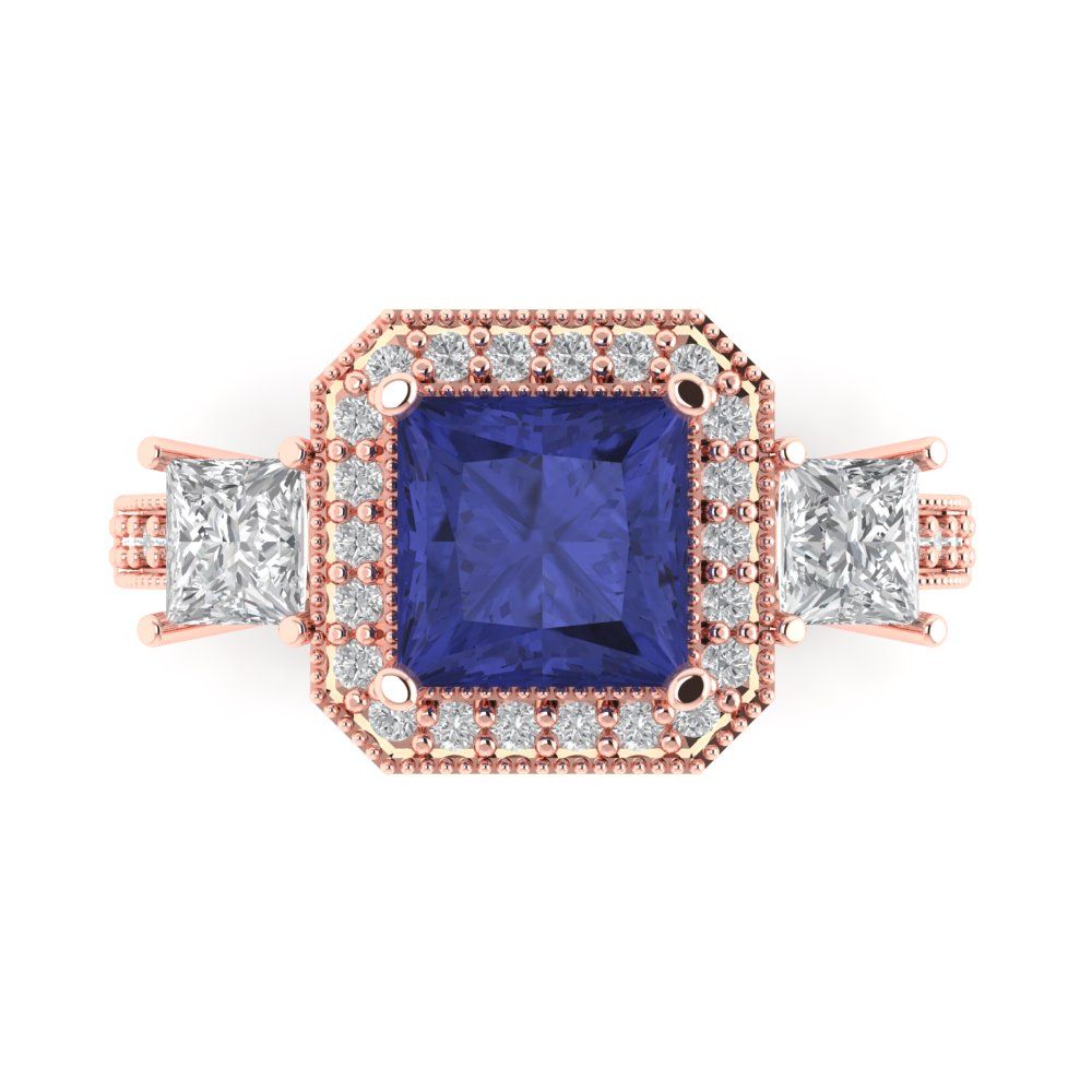 3.005 cttw Simulated Tanzanite Three-Stone Engagement Ring - Solid Rose Gold (VVS1, Princess Cut,7.0mm)