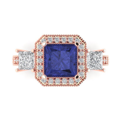 3.005 cttw Simulated Tanzanite Three-Stone Engagement Ring - Solid Rose Gold (VVS1, Princess Cut,7.0mm)