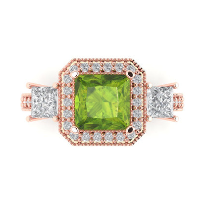3.005 cttw Natural Peridot Three-Stone Engagement Ring - Solid Rose Gold (VVS1, Princess Cut,7.0mm)