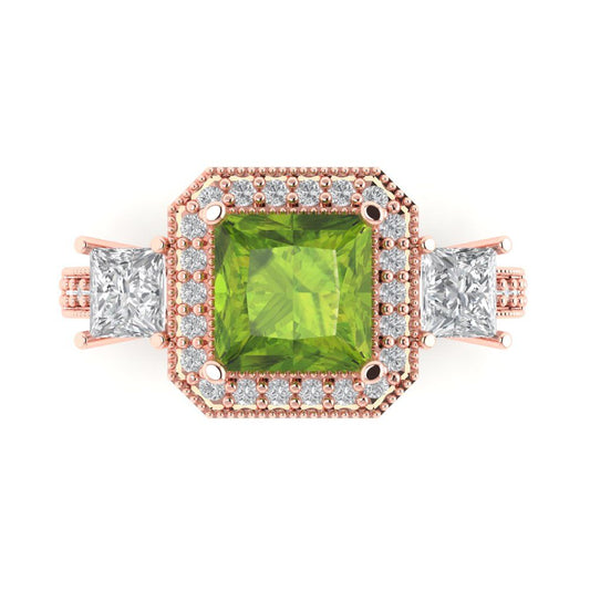 3.005 cttw Natural Peridot Three-Stone Engagement Ring - Solid Rose Gold (VVS1, Princess Cut,7.0mm)