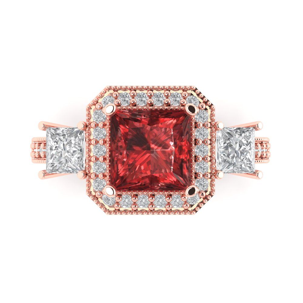 3.005 cttw Natural Garnet Three-Stone Engagement Ring - Solid Rose Gold (VVS1, Princess Cut,7.0mm)