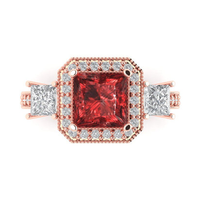 3.005 cttw Natural Garnet Three-Stone Engagement Ring - Solid Rose Gold (VVS1, Princess Cut,7.0mm)