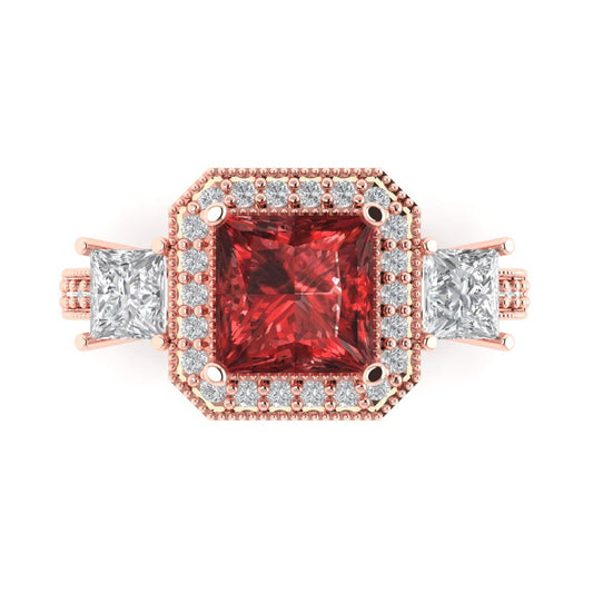 3.005 cttw Natural Garnet Three-Stone Engagement Ring - Solid Rose Gold (VVS1, Princess Cut,7.0mm)