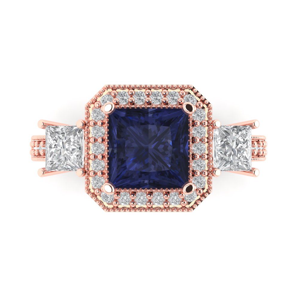 3.005 cttw Simulated Blue Sapphire Three-Stone Engagement Ring - Solid Rose Gold (VVS1, Princess Cut,7.0mm)