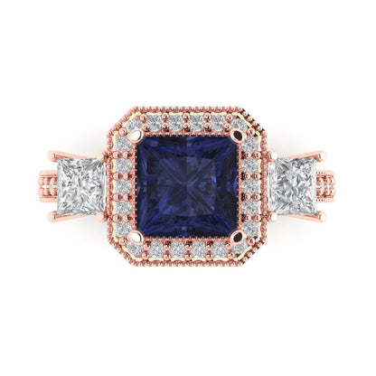3.005 cttw Simulated Blue Sapphire Three-Stone Engagement Ring - Solid Rose Gold (VVS1, Princess Cut,7.0mm)