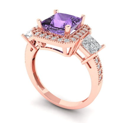 3.005 cttw Simulated Alexandrite Three-Stone Engagement Ring - Solid Rose Gold (VVS1, Princess Cut,7.0mm)
