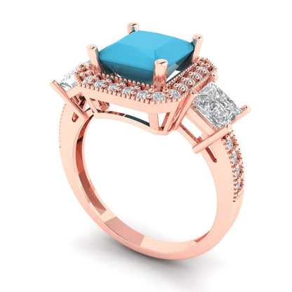 3.005 cttw Simulated Turquoise Three-Stone Engagement Ring - Solid Rose Gold (VVS1, Princess Cut,7.0mm)