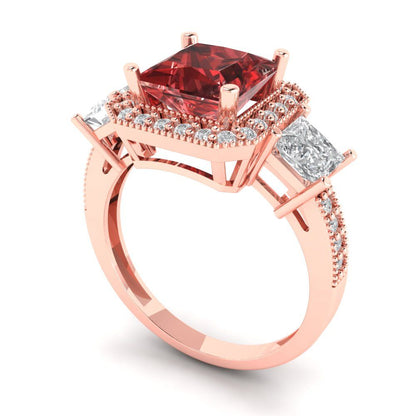3.005 cttw Natural Garnet Three-Stone Engagement Ring - Solid Rose Gold (VVS1, Princess Cut,7.0mm)