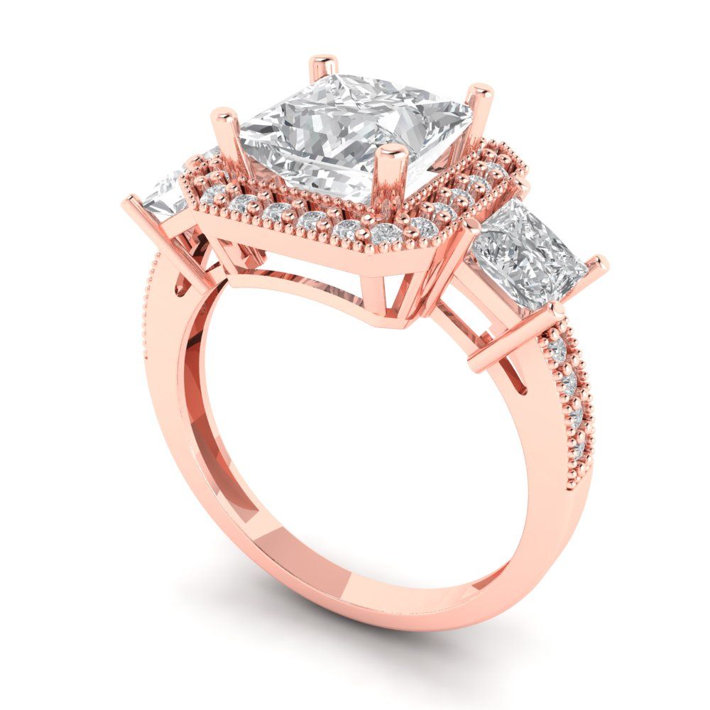 3.005 cttw Zirconia Simulated Diamond Three-Stone Engagement Ring - Solid Rose Gold (VVS1, Princess Cut,7.0mm)