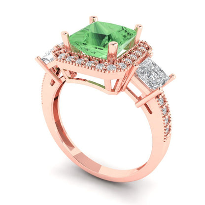 3.005 cttw Zirconia Simulated Green Diamond Three-Stone Engagement Ring - Solid Gold (VVS1, Princess Cut,7.0mm)