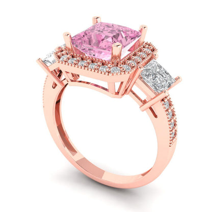 3.005 cttw Zirconia Simulated Pink Diamond Three-Stone Engagement Ring - Solid Rose Gold (VVS1, Princess Cut,7.0mm)
