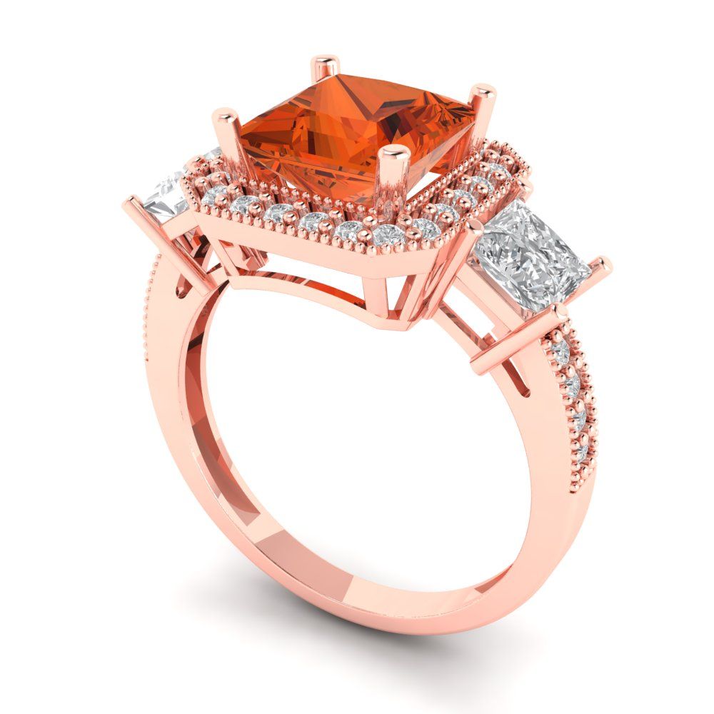3.005 cttw Zirconia Simulated Red Diamond Three-Stone Engagement Ring - Solid Rose Gold (VVS1, Princess Cut,7.0mm)