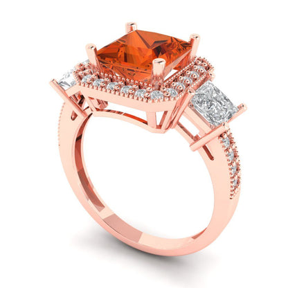 3.005 cttw Zirconia Simulated Red Diamond Three-Stone Engagement Ring - Solid Rose Gold (VVS1, Princess Cut,7.0mm)