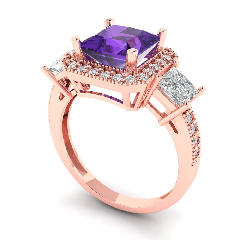 3.005 cttw Natural Amethyst Three-Stone Engagement Ring - Solid Rose Gold (VVS1, Princess Cut,7.0mm)