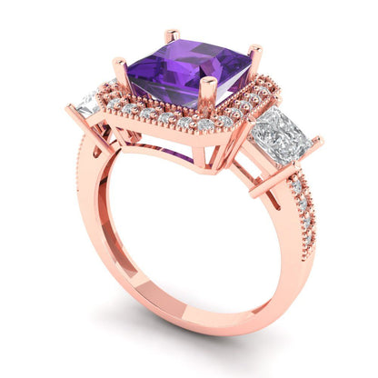 3.005 cttw Natural Amethyst Three-Stone Engagement Ring - Solid Rose Gold (VVS1, Princess Cut,7.0mm)