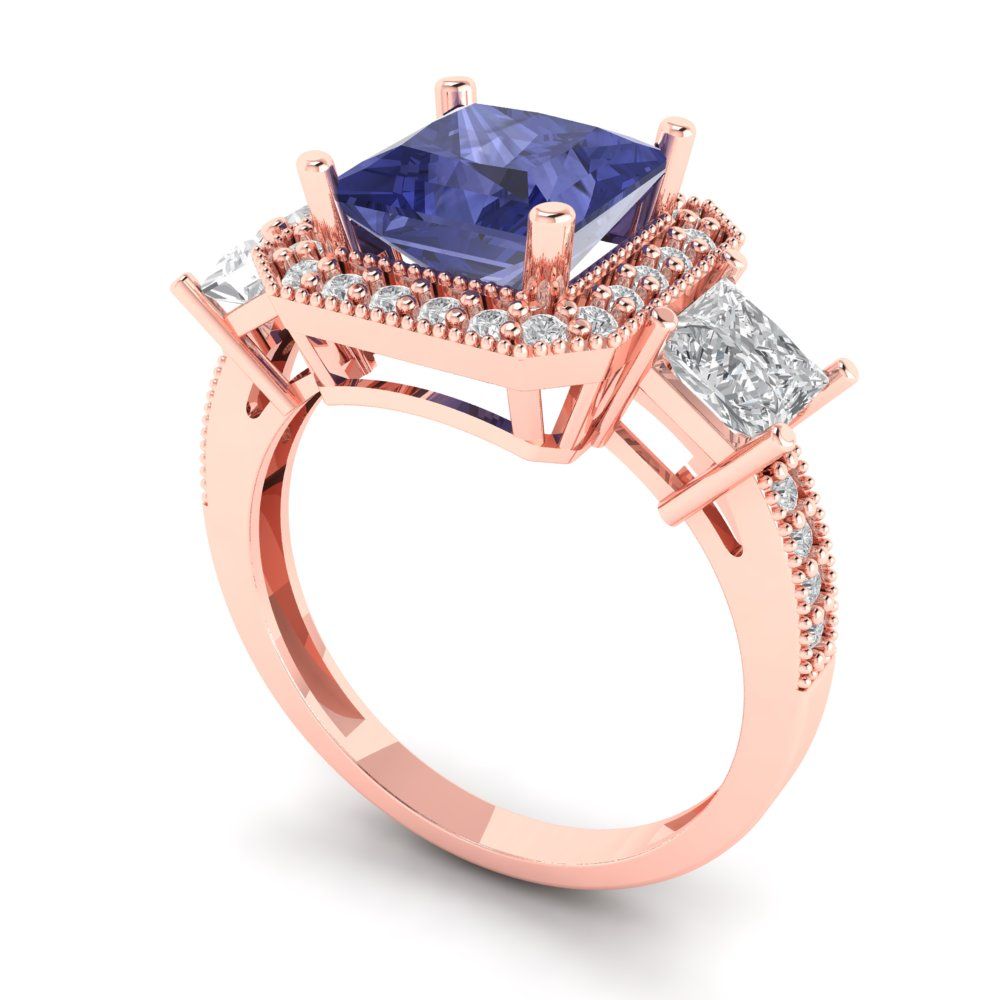 3.005 cttw Simulated Tanzanite Three-Stone Engagement Ring - Solid Rose Gold (VVS1, Princess Cut,7.0mm)