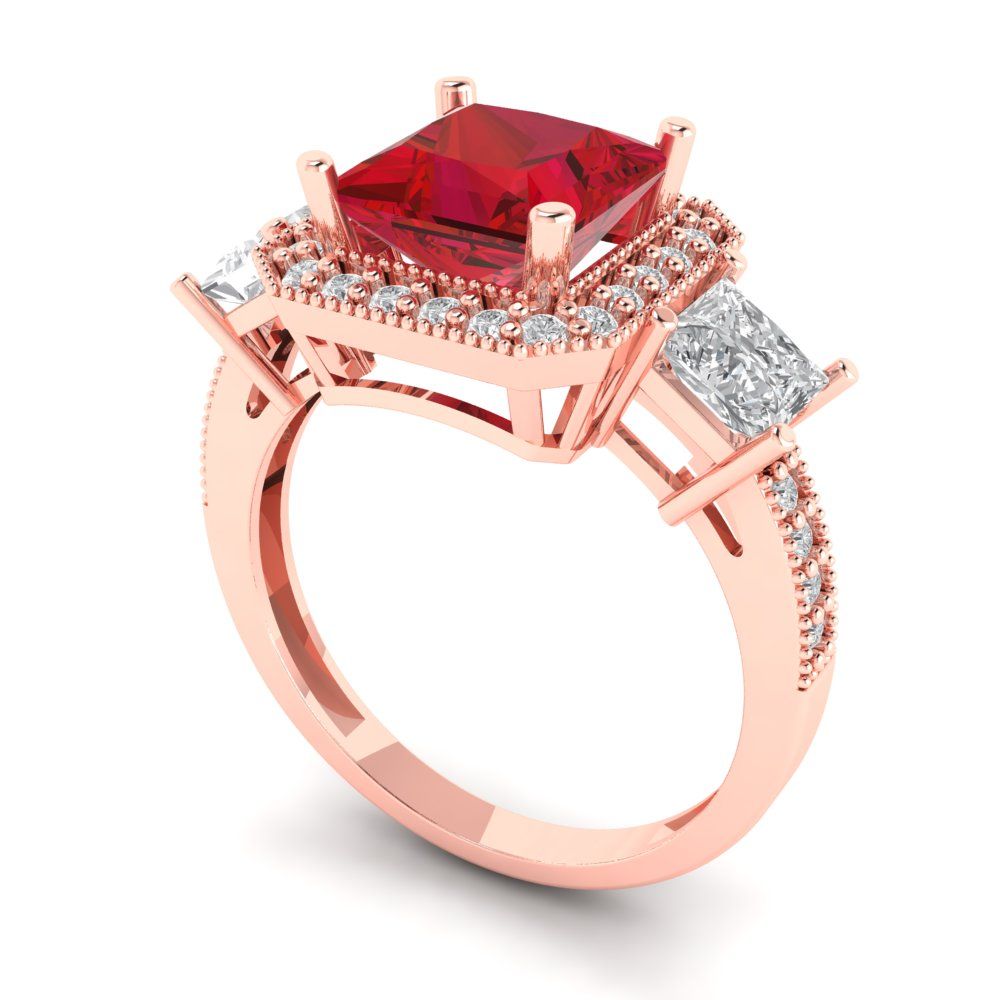 3.005 cttw Simulated Pink Tourmaline Three-Stone Engagement Ring - Solid Rose Gold (VVS1, Princess Cut,7.0mm)