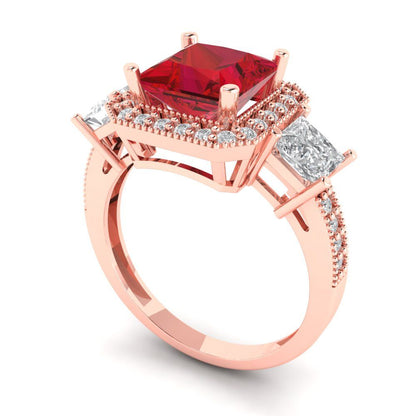 3.005 cttw Simulated Pink Tourmaline Three-Stone Engagement Ring - Solid Rose Gold (VVS1, Princess Cut,7.0mm)