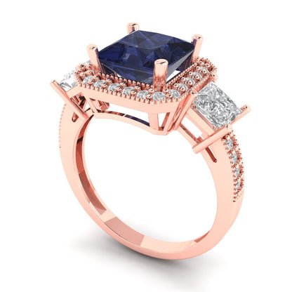 3.005 cttw Simulated Blue Sapphire Three-Stone Engagement Ring - Solid Rose Gold (VVS1, Princess Cut,7.0mm)
